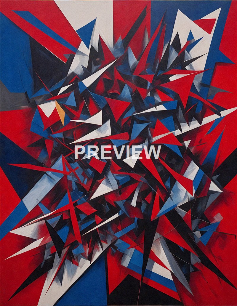 An abstract painting composed of sharp, angular shapes in red, black, white, blue, and gray, creating a dynamic and chaotic visual effect.